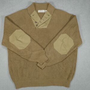 Orvis Heavy Knit Pullover Sweater Tan Cotton Canvas Elbow Patches Mens Large